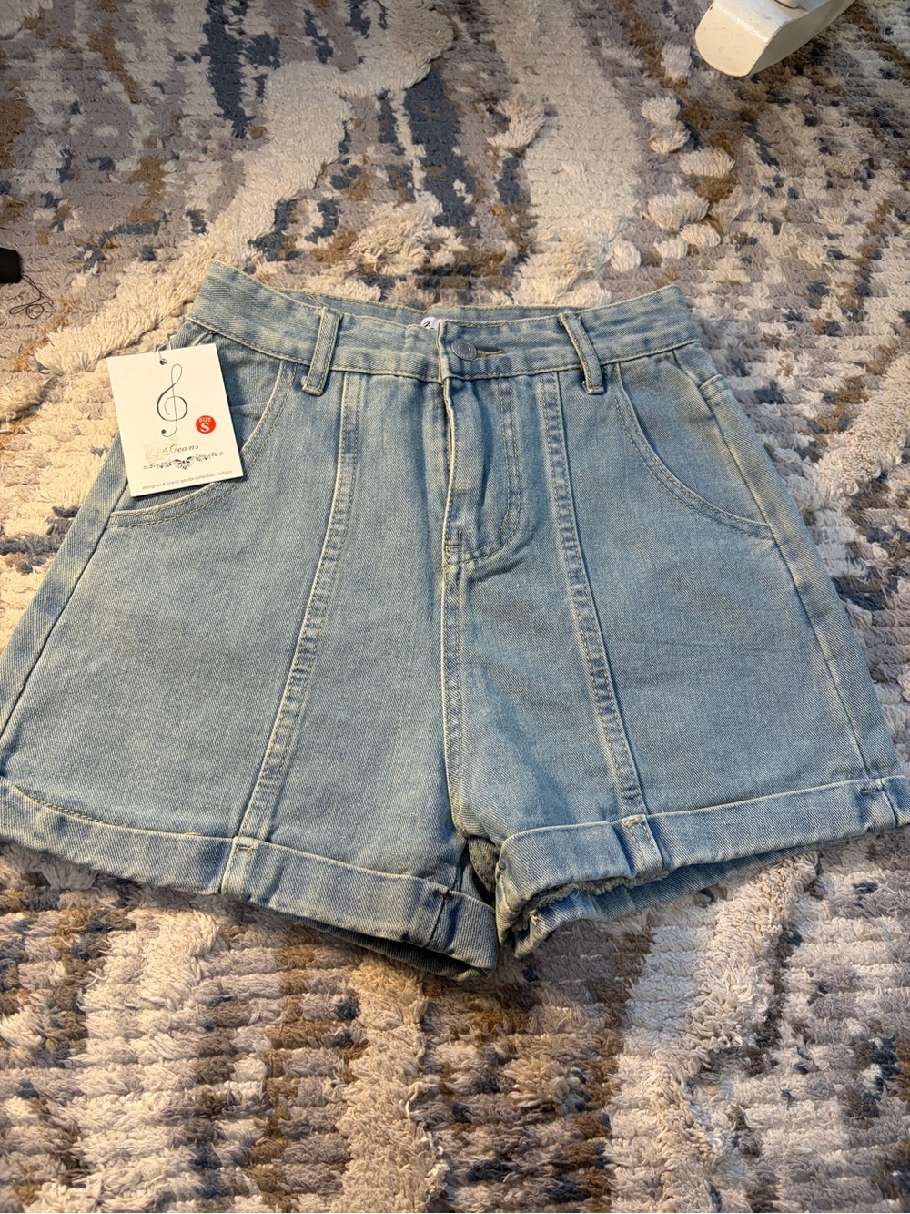 High-Rise Light Blue Denim Jean Shorts with Front Seams